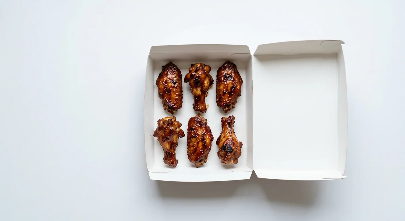 Papa John's BBQ Chicken Wings, 6 chicken wings in sticky BBQ sauce in a takeaway box, nutrition and calories