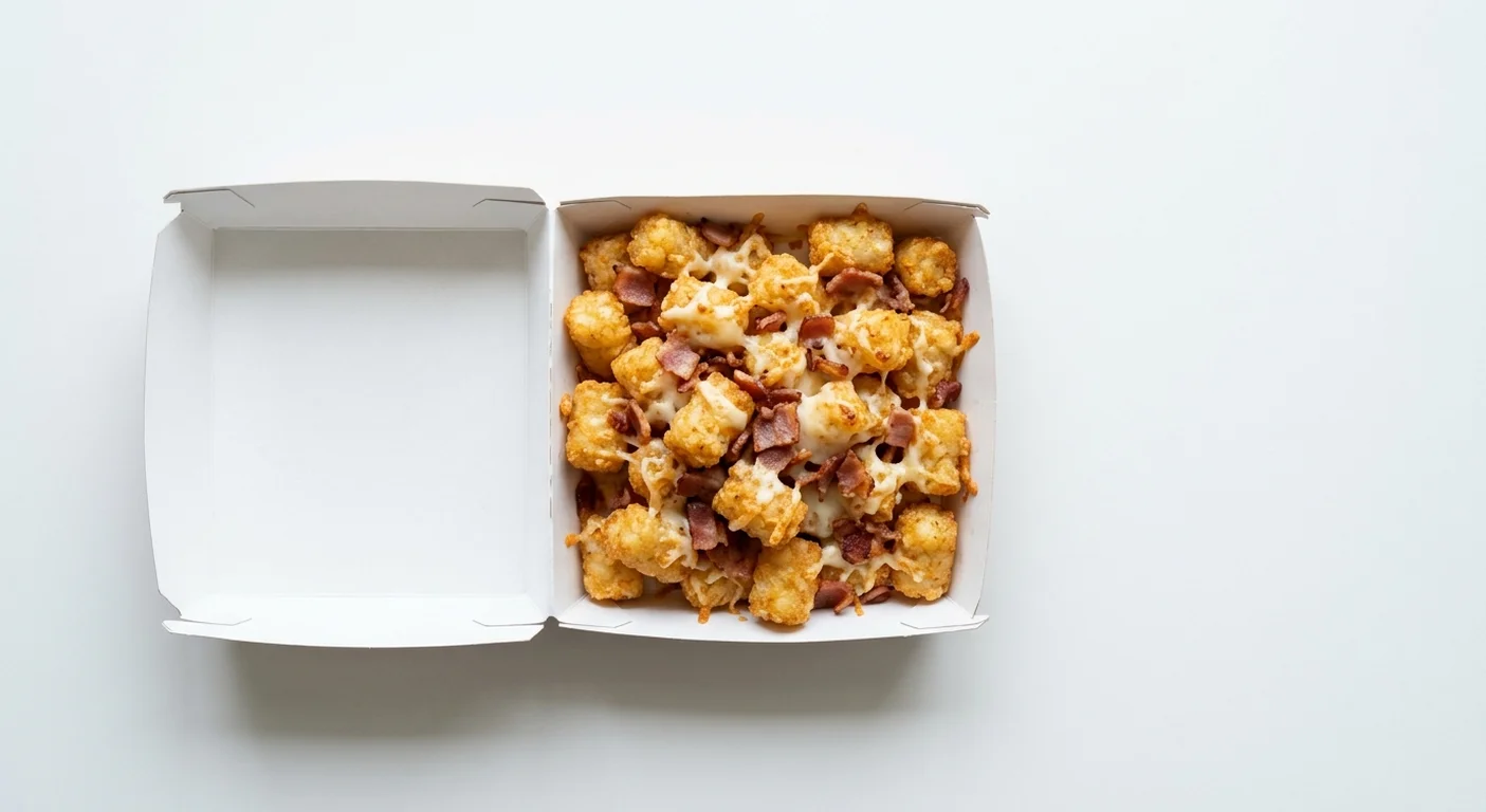 Papa John's Cheese and Bacon Potato Tots, potato tots topped with melted cheese and bacon in a takeaway box, nutrition and calories