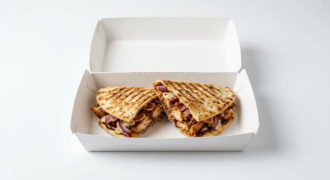 Papa John's BBQ Chicken and Bacon Papadia, toasted folded flatbread cut in half, filled with BBQ chicken, bacon, onion and mozzarella in a takeaway box, nutrition and calories
