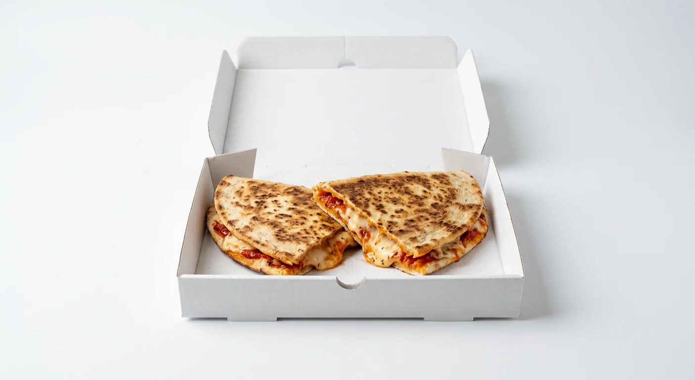 Papa John's Cheese and Tomato Papadia, toasted folded flatbread cut in half, filled with tomato sauce and mozzarella in a takeaway box, nutrition and calories