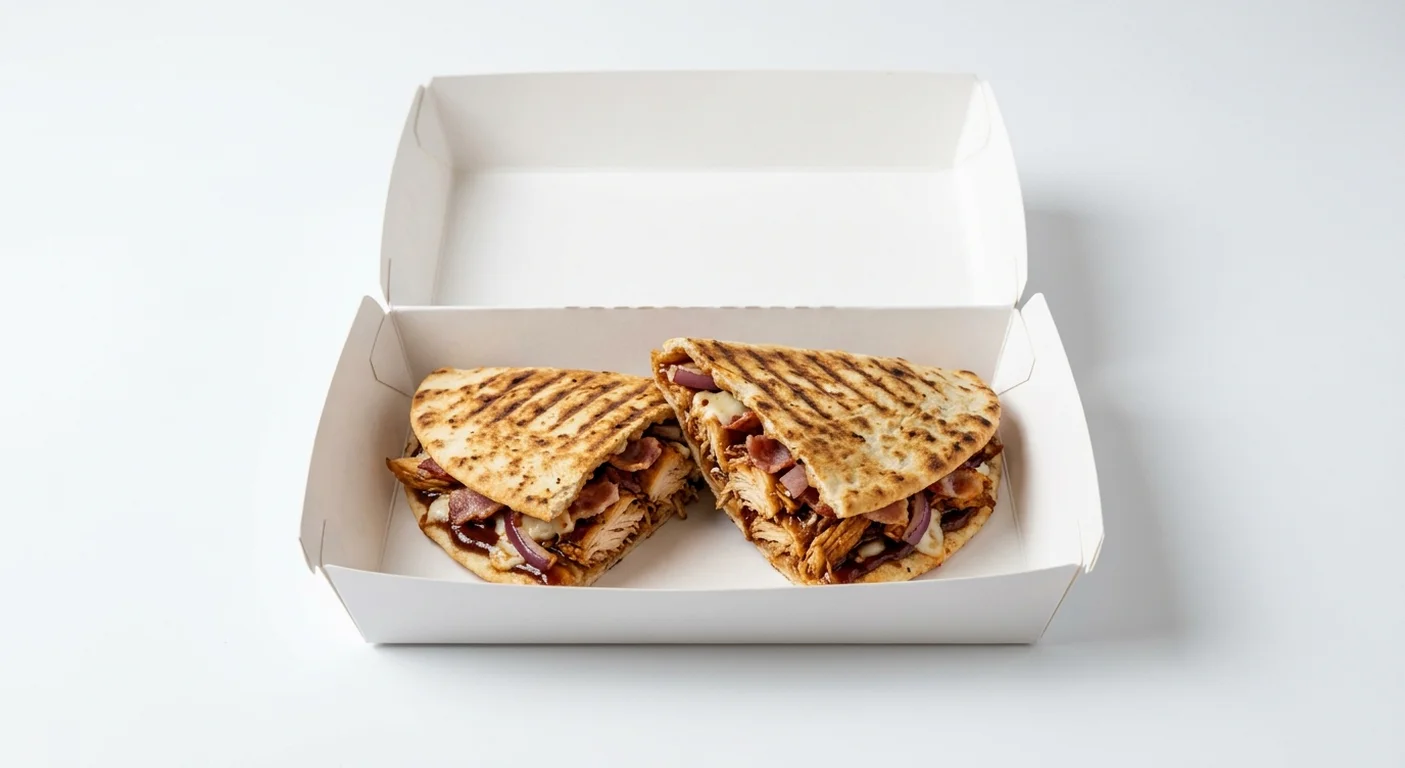 Papa John's BBQ Chicken and Bacon Papadia, toasted folded flatbread cut in half, filled with BBQ chicken, bacon, onion and mozzarella in a takeaway box, nutrition and calories