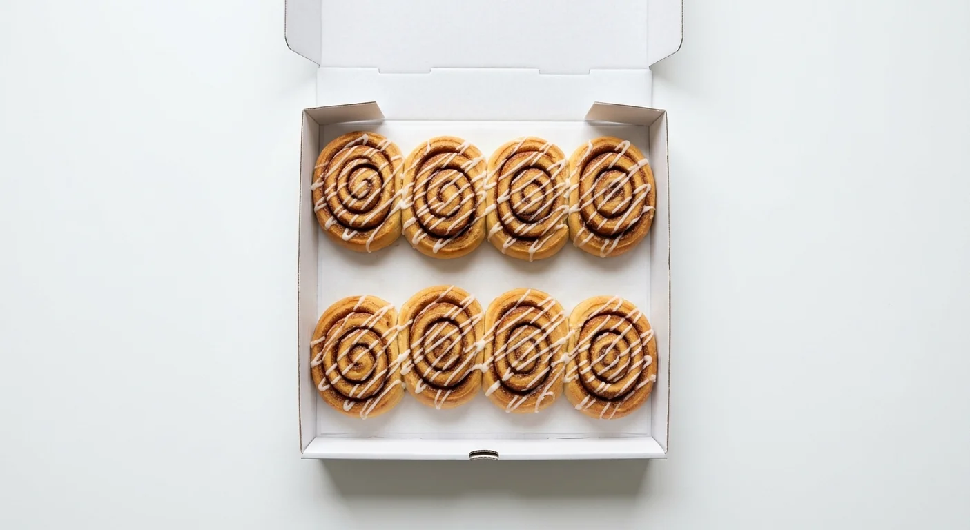 Papa John's Cinnamon Scrolls, 8 iced cinnamon scrolls in a takeaway box, nutrition and calories