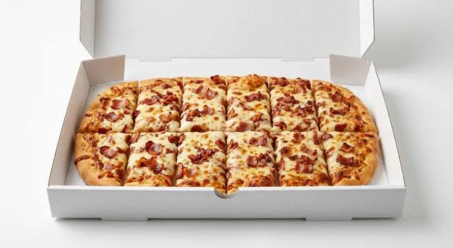 Papa John's Bacon Cheese Sticks, cheese and bacon bread cut into sticks in a takeaway box, nutrition and calories