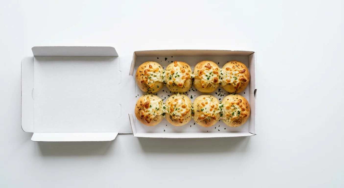Papa John's Garlic and Cheese Papa Bites, 8 garlic dough bites with melted cheese in a takeaway box, nutrition and calories