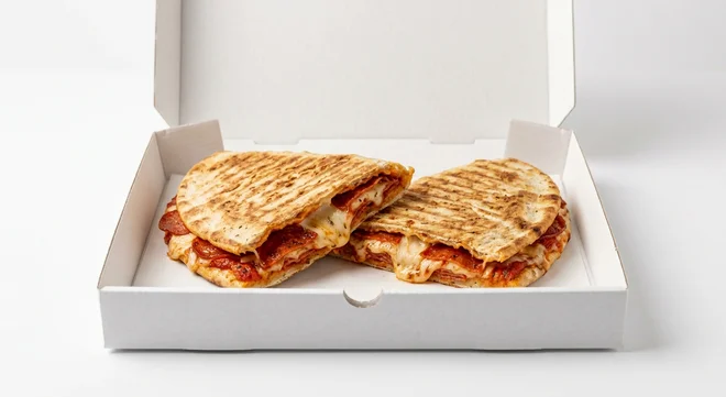 Papa John's Double Pepperoni Papadia, toasted folded flatbread cut in half, filled with pepperoni and mozzarella in a takeaway box, nutrition and calories