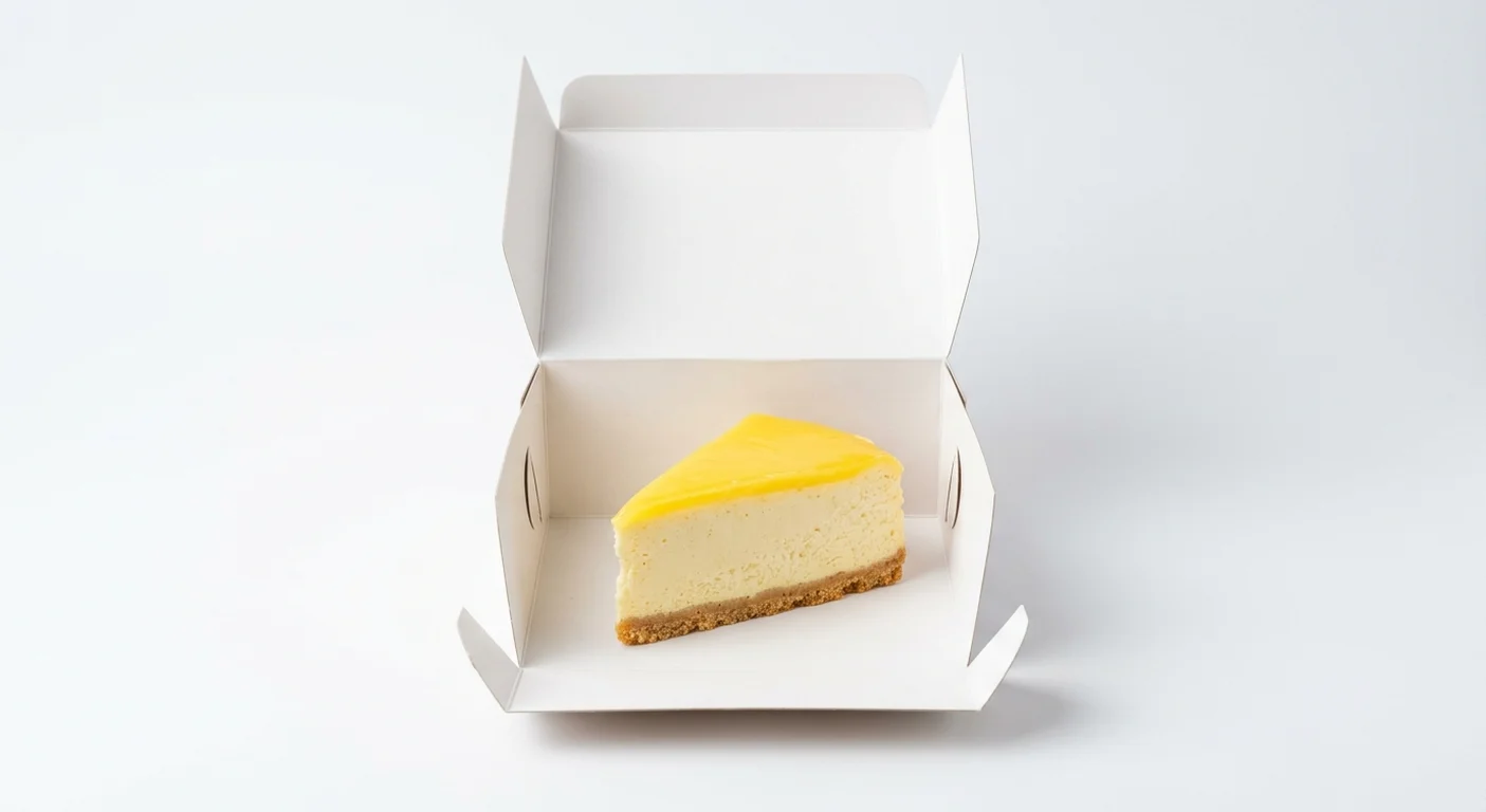 Papa John's Lemon Cheesecake, a slice of lemon cheesecake on a biscuit base in a takeaway box, nutrition and calories
