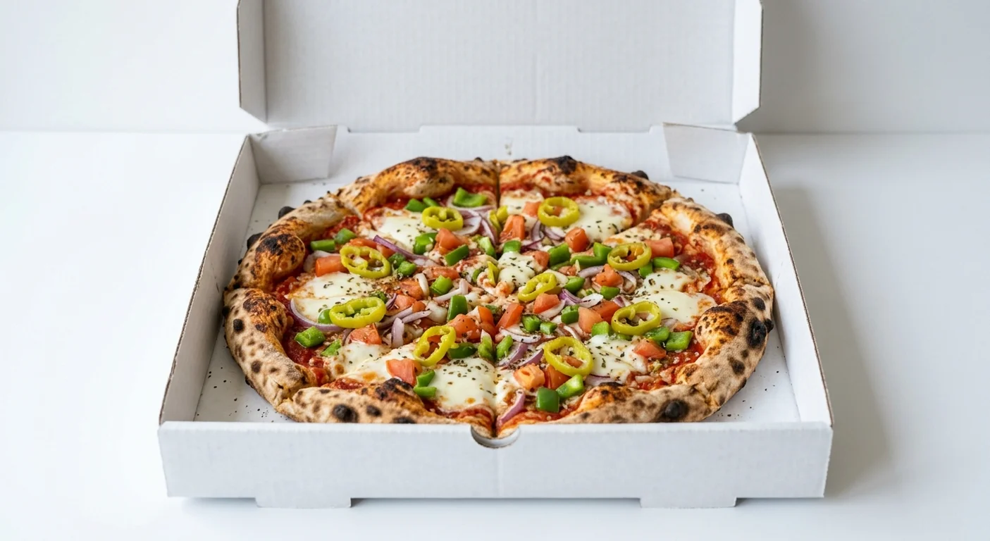 Papa John's Sourdough Pepper and Pepperoncini, whole sourdough pizza with fior di latte mozzarella, green peppers, onions, tomatoes, sliced pepperoncini and oregano in a takeaway pizza box, nutrition and calories