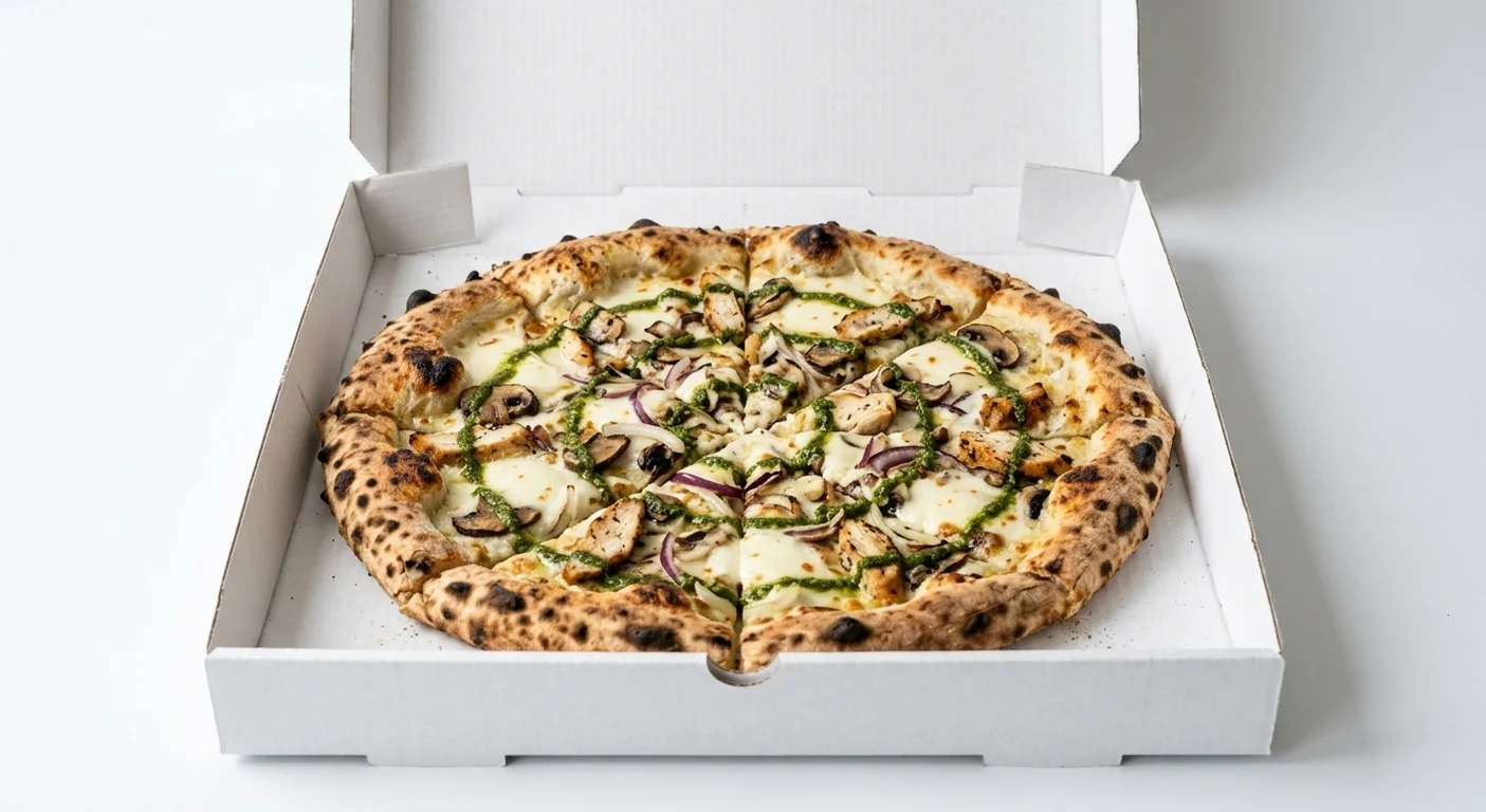 Papa John's Sourdough Chicken and Pesto, whole sourdough pizza with garlic sauce base, fior di latte mozzarella, chicken, chestnut mushrooms, onion and pesto drizzle in a takeaway pizza box, nutrition and calories