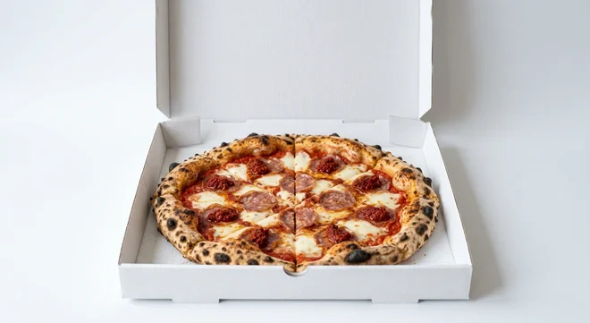 Papa John's Sourdough Salami and Nduja, whole sourdough pizza with fior di latte mozzarella, Italian fennel salami and 'nduja in a takeaway pizza box, nutrition and calories