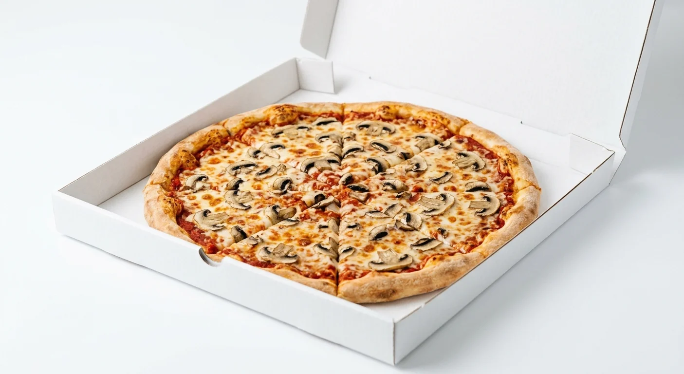 Papa John's Cheese and Mushroom (Original Base), whole Original Base pizza with chestnut mushrooms in a takeaway pizza box, nutrition and calories