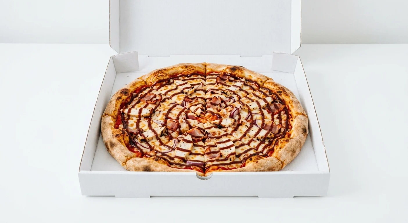 Papa John's BBQ Chicken Classic (Original Base), whole Original Base pizza with chicken, bacon, onions and BBQ sauce drizzle in a takeaway pizza box, nutrition and calories