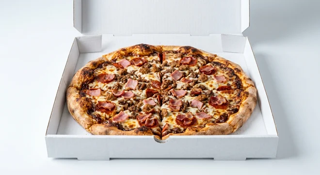 Papa John's BBQ Meat Feast (Original Base), whole Original Base pizza with BBQ base sauce, ham, pork sausage, spicy beef, pepperoni and bacon in a takeaway pizza box, nutrition and calories