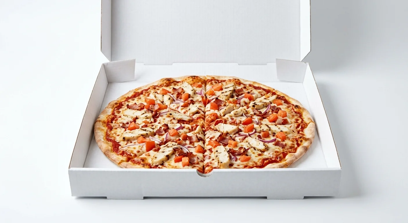 Papa John's Chicken Club (Authentic Thin Crust), whole Authentic Thin Crust pizza with chicken, bacon, tomatoes and onion in a takeaway pizza box, nutrition and calories