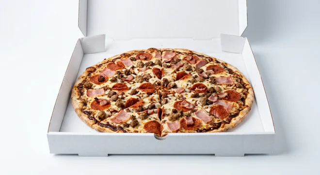 Papa John's BBQ Meat Feast (Authentic Thin Crust), whole Authentic Thin Crust pizza with BBQ base sauce, ham, pork sausage, spicy beef, pepperoni and bacon in a takeaway pizza box, nutrition and calories