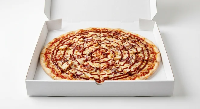 Papa John's BBQ Chicken Classic (Authentic Thin Crust), whole Authentic Thin Crust pizza with chicken, bacon, onions and BBQ sauce drizzle in a takeaway pizza box, nutrition and calories