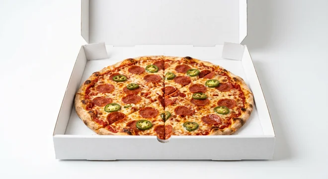 Papa John's American Hot (Authentic Thin Crust), whole Authentic Thin Crust pizza with pepperoni and jalapeños in a takeaway pizza box, nutrition and calories