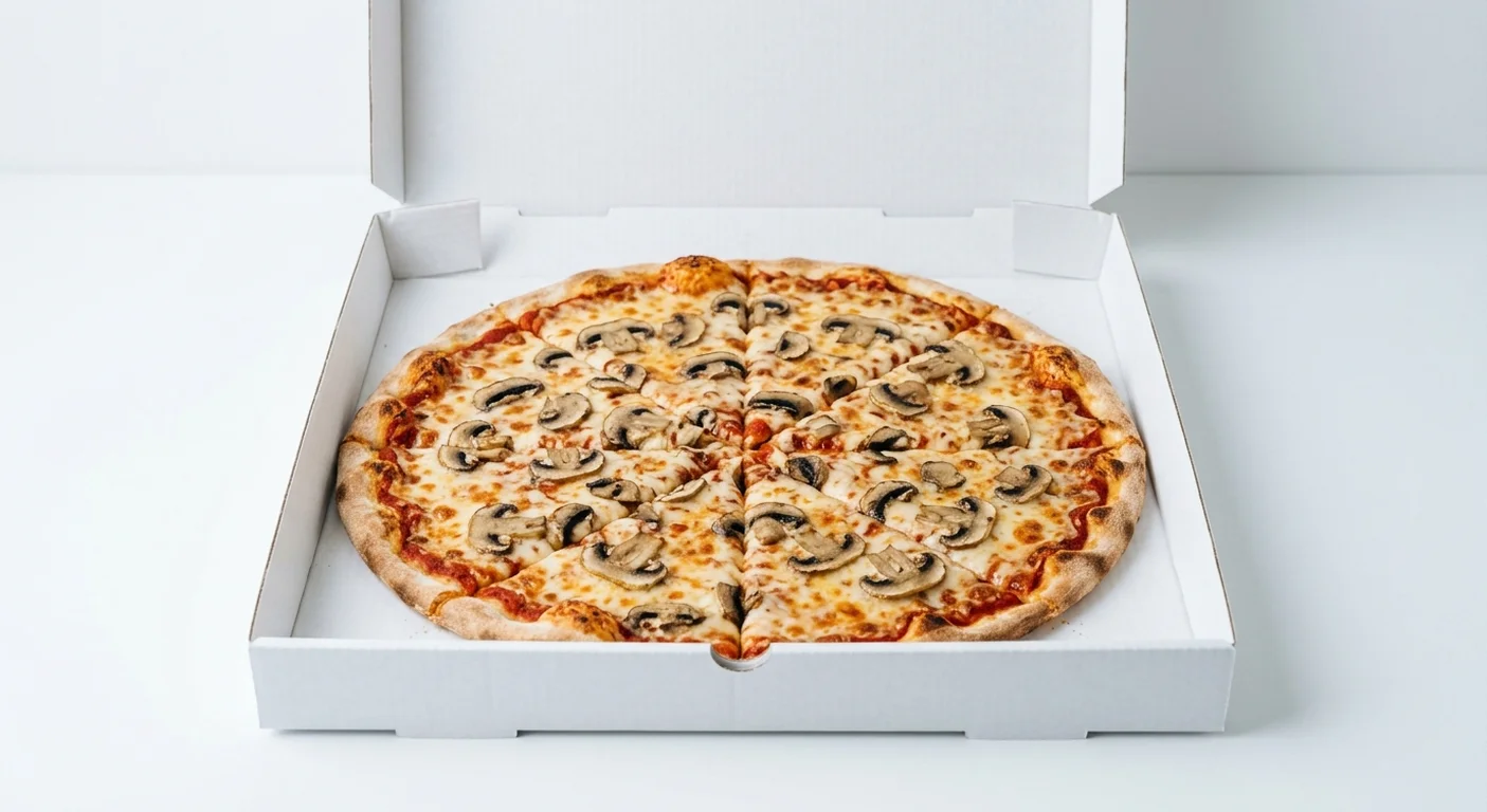 Papa John's Cheese and Mushroom (Authentic Thin Crust), whole Authentic Thin Crust pizza with chestnut mushrooms in a takeaway pizza box, nutrition and calories