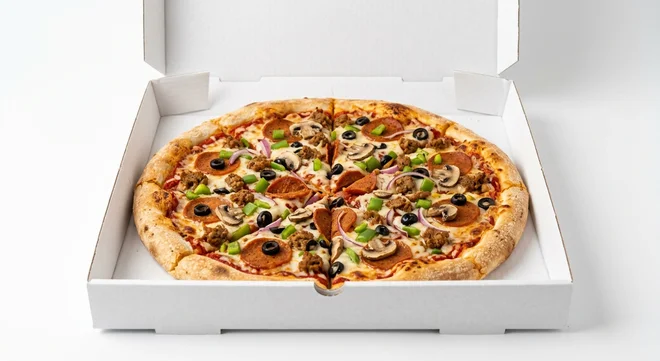 Papa John's Vegan Works (Original Base), whole Original Base pizza with jackfruit pepperoni, vegan Italian-style sausage, chestnut mushrooms, green peppers, onions and black olives in a takeaway pizza box, nutrition and calories