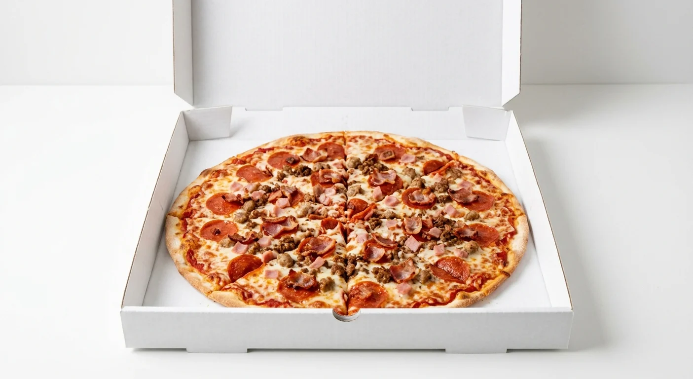Papa John's All the Meats (Authentic Thin Crust), whole Authentic Thin Crust pizza with ham, pork sausage, spicy beef, pepperoni and bacon in a takeaway pizza box, nutrition and calories