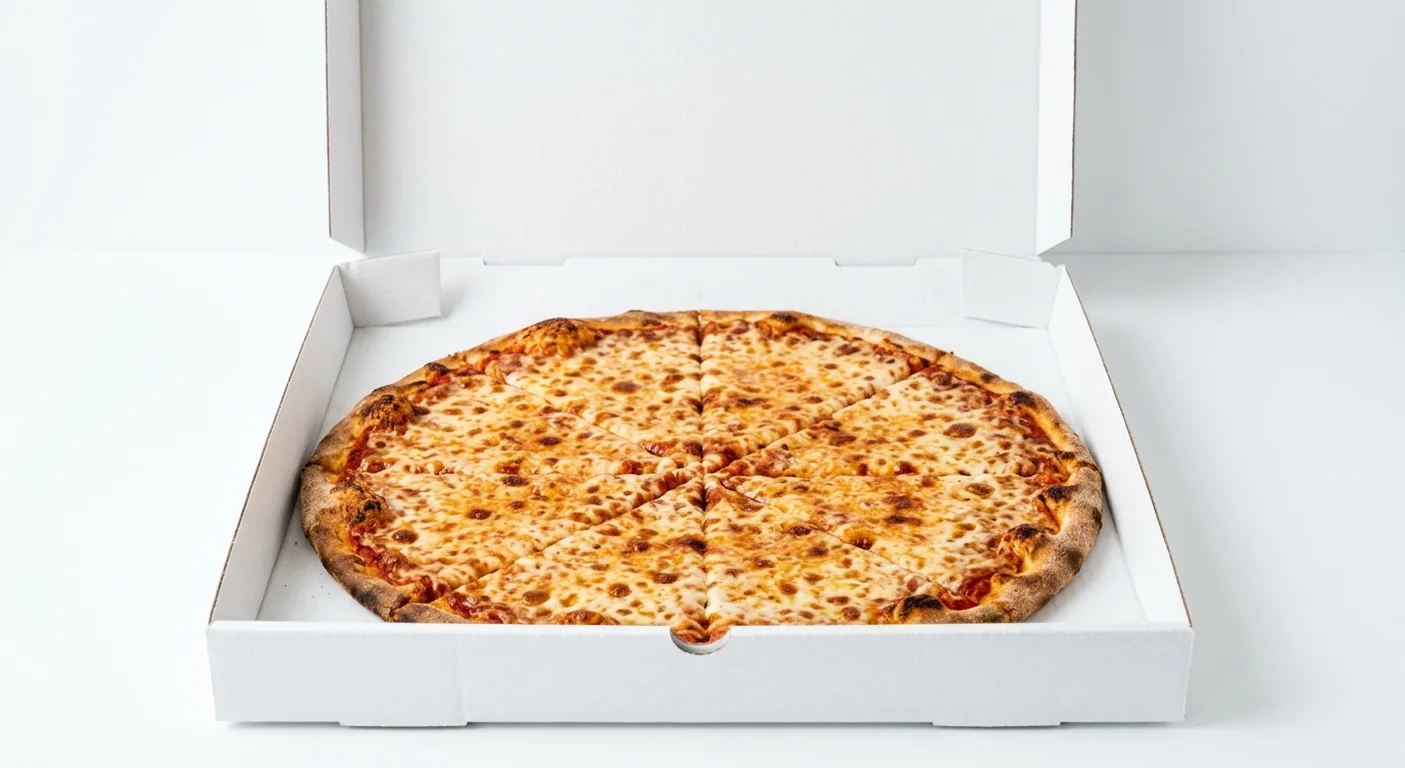 Papa John's Cheese and Tomato (Authentic Thin Crust), whole Authentic Thin Crust pizza with tomato sauce and mozzarella in a takeaway pizza box, nutrition and calories
