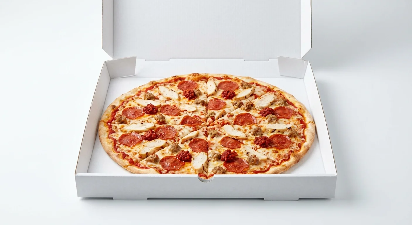 Papa John's Sizzling Meat Feast (Authentic Thin Crust), whole Authentic Thin Crust pizza with pepperoni, chicken, pork sausage and 'nduja in a takeaway pizza box, nutrition and calories