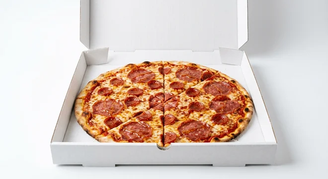 Papa John's The Hot Hog (Authentic Thin Crust), whole Authentic Thin Crust pizza with salami, pepperoni and Calabrian hot honey drizzle in a takeaway pizza box, nutrition and calories