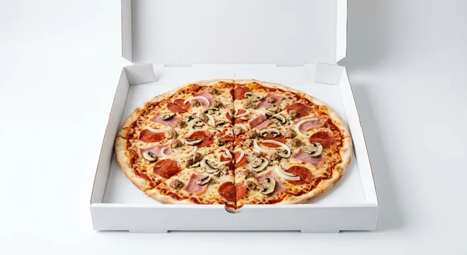 Papa John's Full House (Authentic Thin Crust), whole Authentic Thin Crust pizza with pepperoni, ham, pork sausage, chestnut mushrooms and onion in a takeaway pizza box, nutrition and calories