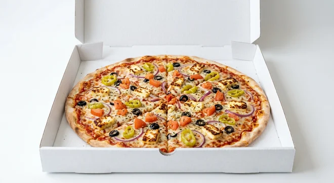 Papa John's The Cypriot (Authentic Thin Crust), whole Authentic Thin Crust pizza with onion, tomatoes, black olives, sliced pepperoncini, halloumi and oregano in a takeaway pizza box, nutrition and calories