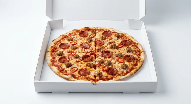 Papa John's Spicy Sausage (Authentic Thin Crust), whole Authentic Thin Crust pizza with pepperoni, Italian sausage and red chillies in a takeaway pizza box, nutrition and calories