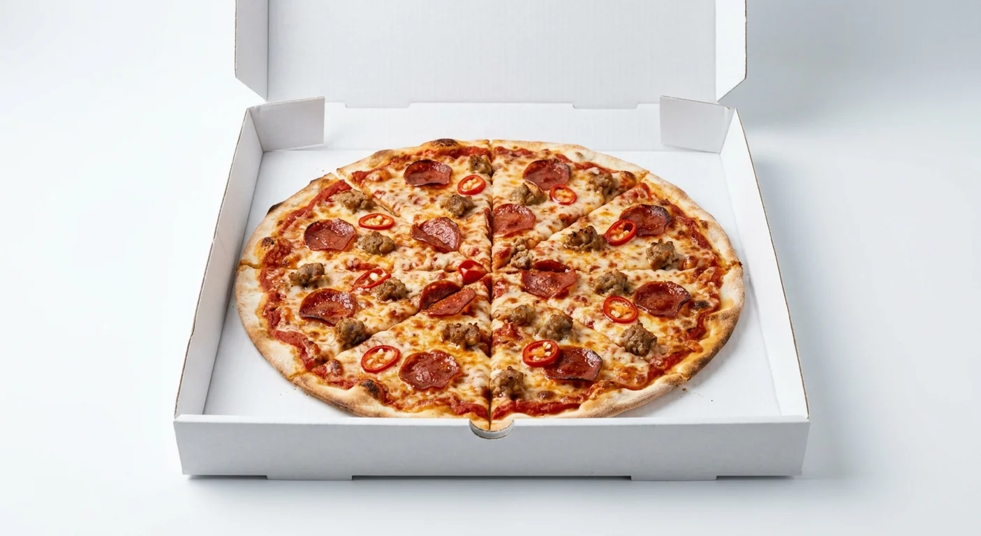 Papa John's Spicy Sausage (Authentic Thin Crust), whole Authentic Thin Crust pizza with pepperoni, Italian sausage and red chillies in a takeaway pizza box, nutrition and calories