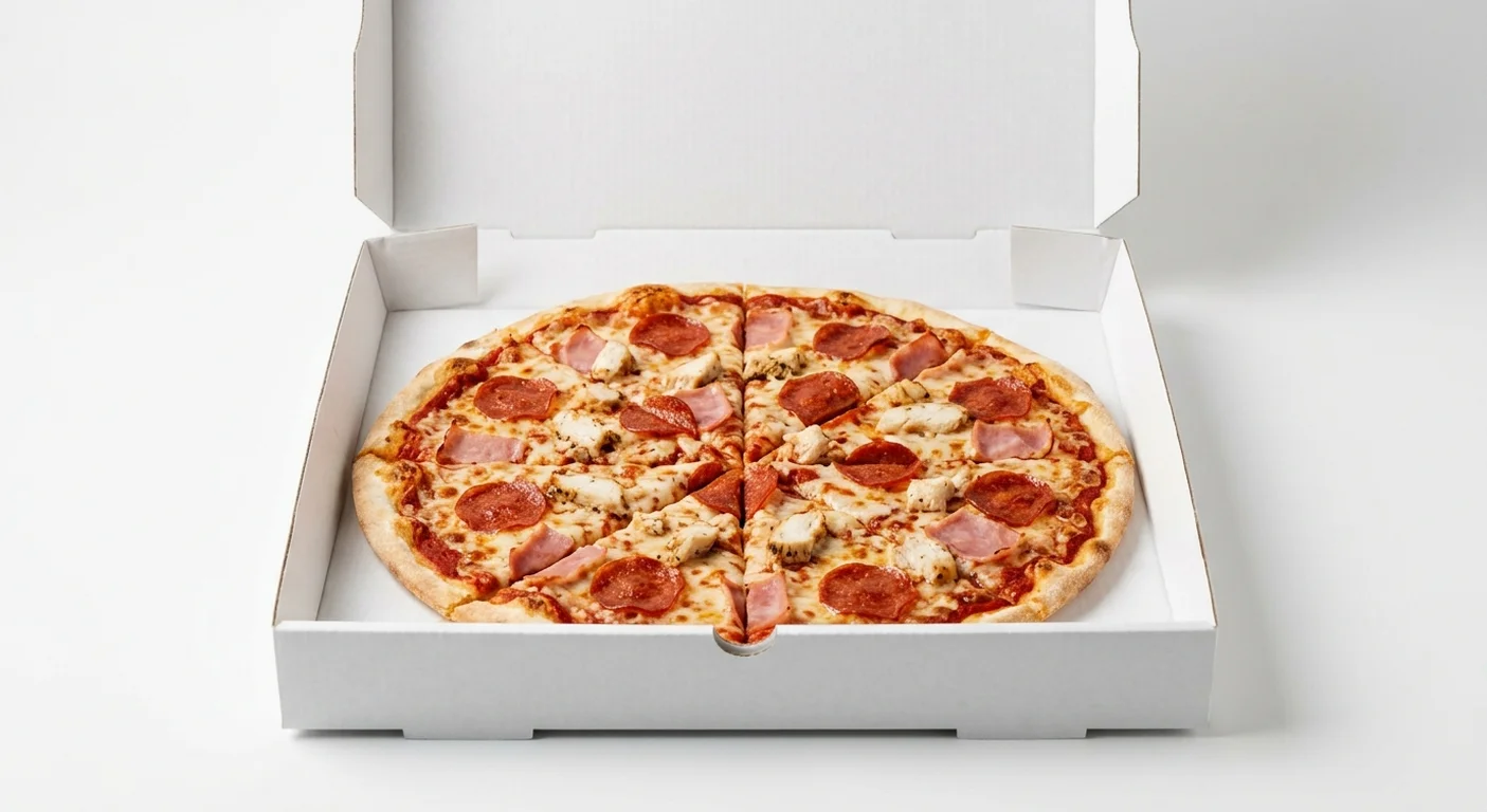 Papa John's Chicken, Pepperoni and Ham (Authentic Thin Crust), whole Authentic Thin Crust pizza with chicken, pepperoni and ham in a takeaway pizza box, nutrition and calories