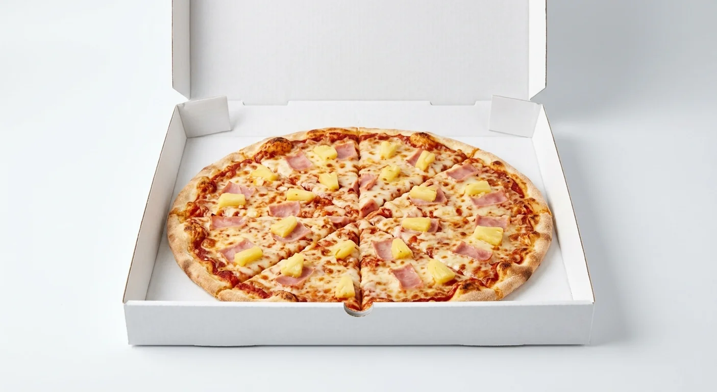 Papa John's Hawaiian (Authentic Thin Crust), whole Authentic Thin Crust pizza with ham and pineapple in a takeaway pizza box, nutrition and calories