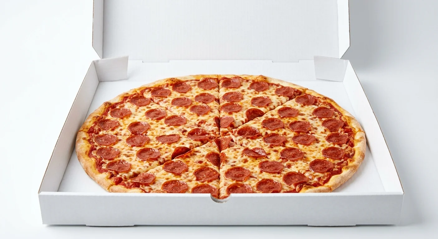 Papa John's Double Pepperoni (Authentic Thin Crust), whole Authentic Thin Crust pizza with extra mozzarella and double pepperoni in a takeaway pizza box, nutrition and calories