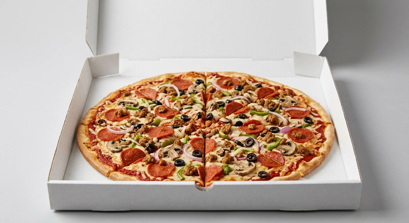Papa John's Vegan Works (Authentic Thin Crust), whole Authentic Thin Crust pizza with plant-based cheese, plant-based jackfruit pepperoni, plant-based Italian-style sausage, mushrooms, green peppers, onions and black olives in a takeaway pizza box, nutrition and calories