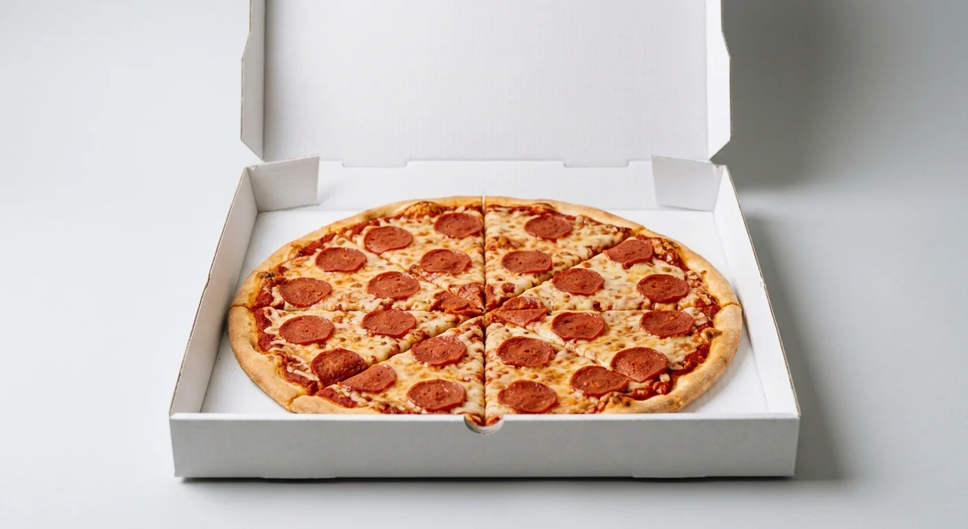 Papa John's Vegan Jackfruit Pepperoni (Authentic Thin Crust), whole Authentic Thin Crust pizza with plant-based cheese and plant-based jackfruit pepperoni in a takeaway pizza box, nutrition and calories