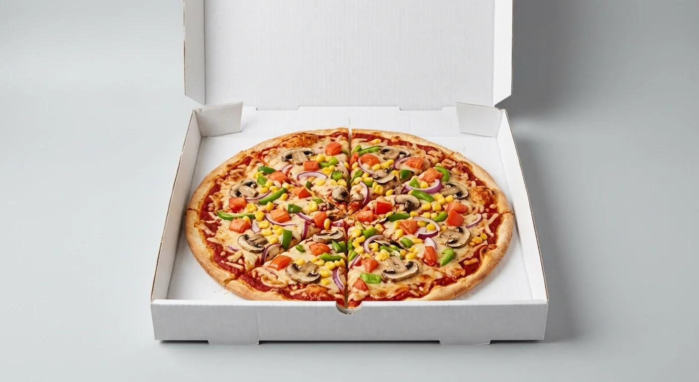 Papa John's Vegan Garden Party (Authentic Thin Crust), whole Authentic Thin Crust pizza with plant-based cheese, tomatoes, onions, green peppers, sweetcorn and mushrooms in a takeaway pizza box, nutrition and calories