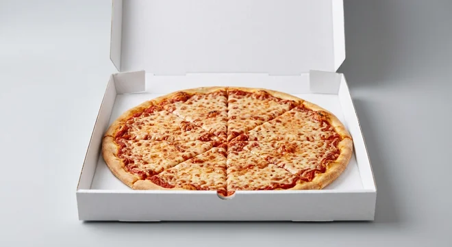 Papa John's Vegan Cheese and Tomato (Authentic Thin Crust), whole Authentic Thin Crust pizza with plant-based cheese in a takeaway pizza box, nutrition and calories