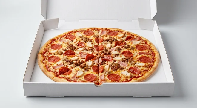 Papa John's The Meat Eater (Authentic Thin Crust), whole Authentic Thin Crust pizza with pepperoni, ham, chicken, pork sausage and spicy beef in a takeaway pizza box, nutrition and calories