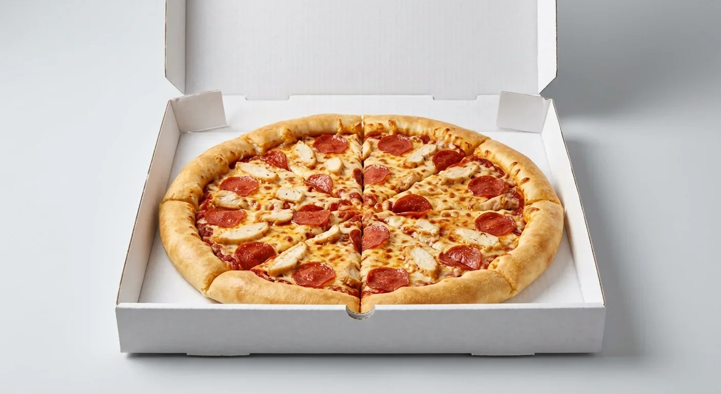 Papa John's Chicken and Pepperoni (Stuffed Crust), whole Stuffed Crust pizza with chicken and pepperoni in a takeaway pizza box, nutrition and calories