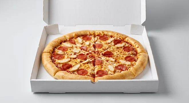 Papa John's Chicken and Pepperoni (Stuffed Crust), whole Stuffed Crust pizza with chicken and pepperoni in a takeaway pizza box, nutrition and calories