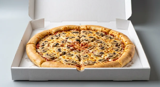 Papa John's Cheese and Mushroom (Cheddar Stuffed Crust), whole Cheddar Stuffed Crust pizza with mushrooms in a takeaway pizza box, nutrition and calories