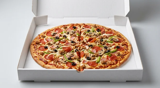 Papa John's The Works (Authentic Thin Crust), whole Authentic Thin Crust pizza with Italian sausage, ham, pepperoni, mushrooms, green peppers, onions and black olives in a takeaway pizza box, nutrition and calories