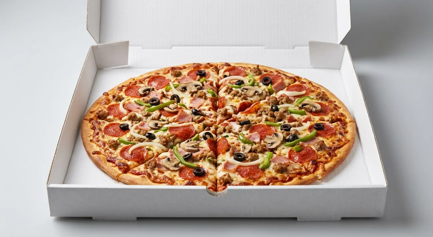 Papa John's The Works (Authentic Thin Crust), whole Authentic Thin Crust pizza with Italian sausage, ham, pepperoni, mushrooms, green peppers, onions and black olives in a takeaway pizza box, nutrition and calories
