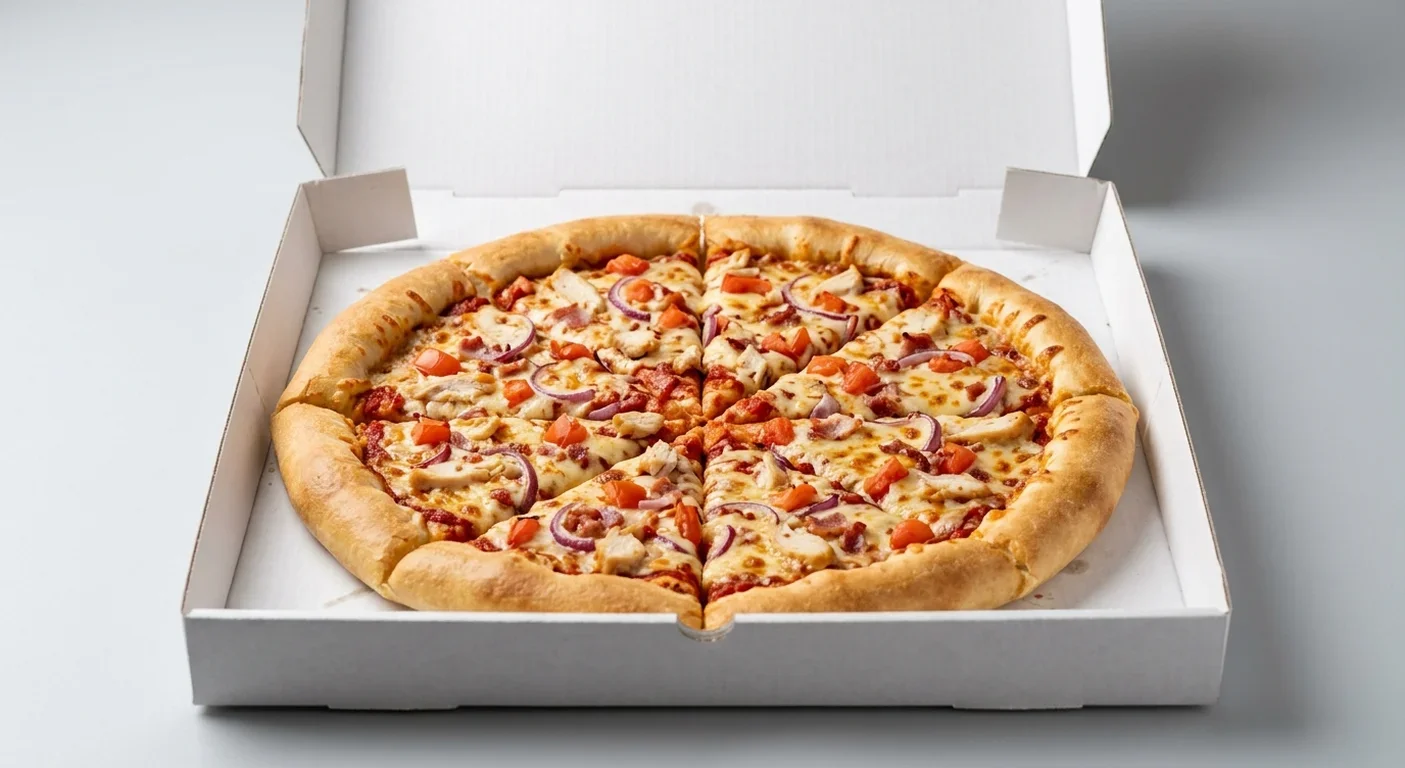 Papa John's Chicken Club (Stuffed Crust), whole Stuffed Crust pizza with chicken, bacon, tomatoes and onion in a takeaway pizza box, nutrition and calories
