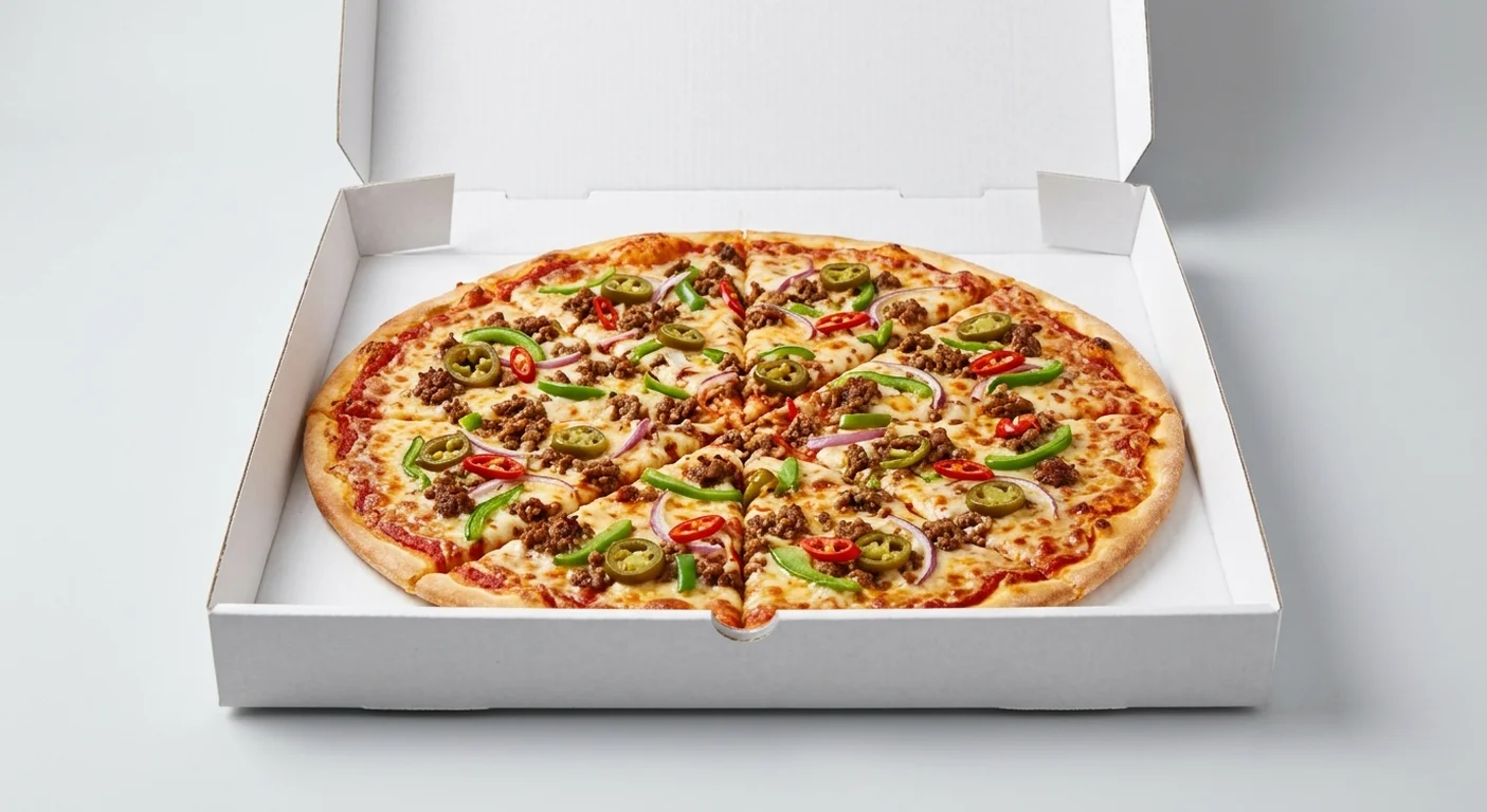 Papa John's The Mexican (Authentic Thin Crust), whole Authentic Thin Crust pizza with spicy beef, green peppers, onion, jalapeños and red chillies in a takeaway pizza box, nutrition and calories