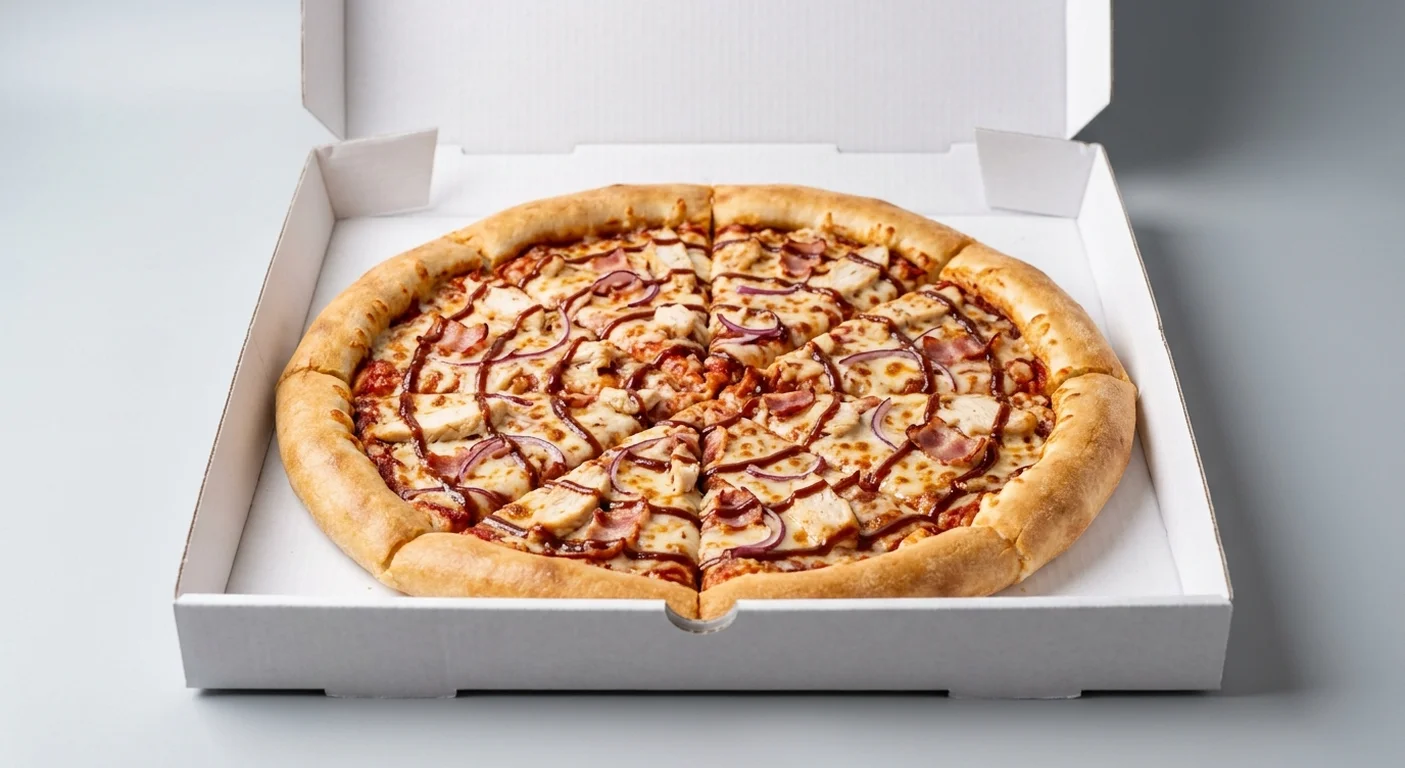 Papa John's BBQ Chicken Classic (Cheddar Stuffed Crust), whole Cheddar Stuffed Crust pizza with chicken, bacon, onions and BBQ sauce drizzle in a takeaway pizza box, nutrition and calories