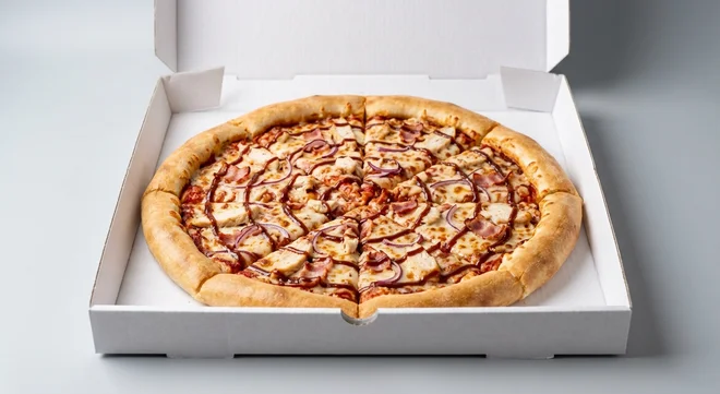 Papa John's BBQ Chicken Classic (Cheddar Stuffed Crust), whole Cheddar Stuffed Crust pizza with chicken, bacon, onions and BBQ sauce drizzle in a takeaway pizza box, nutrition and calories