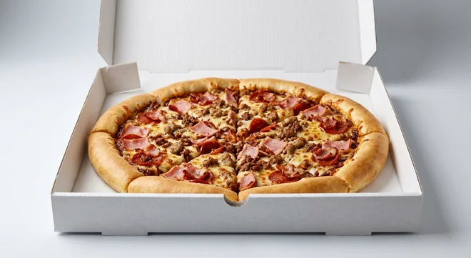 Papa John's BBQ Meat Feast (Cheddar Stuffed Crust), whole Cheddar Stuffed Crust pizza with BBQ sauce base, ham, pork sausage, spicy beef, pepperoni and bacon in a takeaway pizza box, nutrition and calories