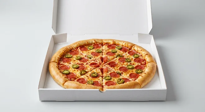 Papa John's American Hot (Cheddar Stuffed Crust), whole Cheddar Stuffed Crust pizza with pepperoni and jalapeños in a takeaway pizza box, nutrition and calories