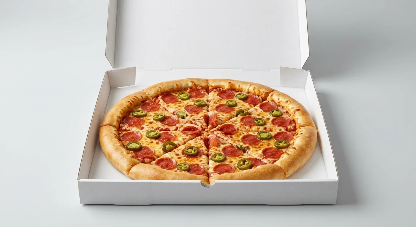 Papa John's American Hot (Pepperoni Stuffed Crust), whole Pepperoni Stuffed Crust pizza with pepperoni and jalapeños in a takeaway pizza box, nutrition and calories
